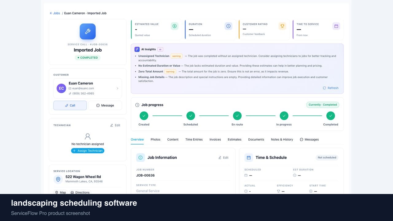 landscaping scheduling software in ServiceFlow Pro — a dispatcher at a live job board for Landscaping & Lawn Care