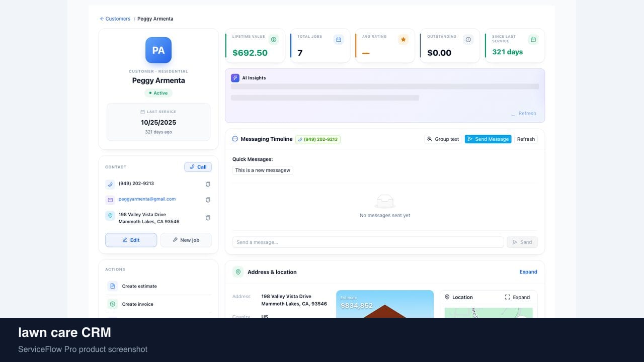 lawn care CRM in ServiceFlow Pro — a homeowner checking job status on a laptop for Landscaping & Lawn Care