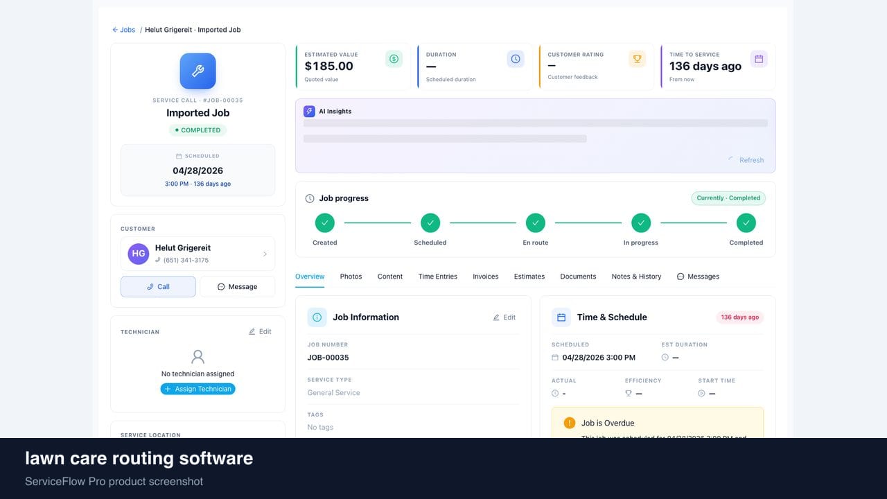 lawn care routing software in ServiceFlow Pro — a dispatcher at a live job board for Landscaping & Lawn Care