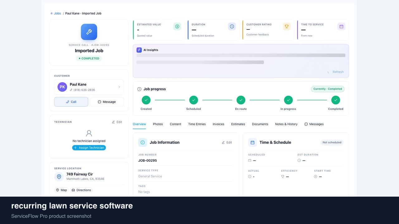 recurring lawn service software in ServiceFlow Pro — a weekly route calendar on a van dashboard for Landscaping & Lawn Care