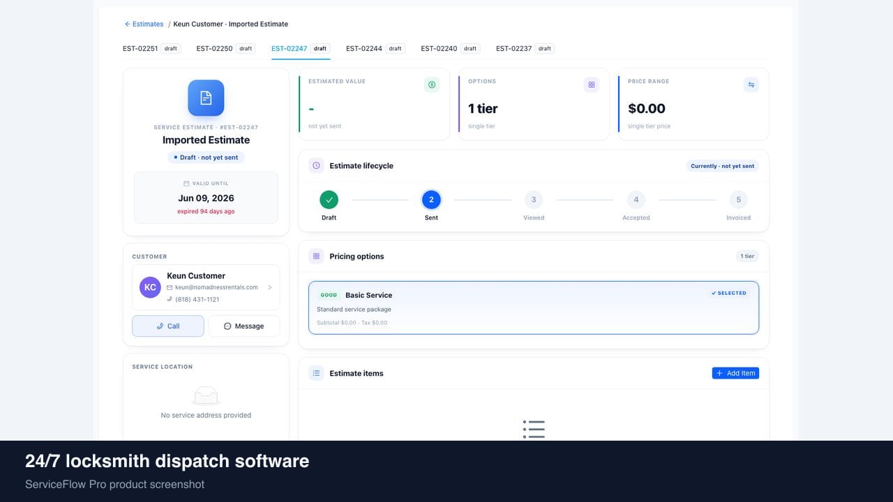 24/7 locksmith dispatch software in ServiceFlow Pro — a dispatcher at a live job board for Locksmith Services
