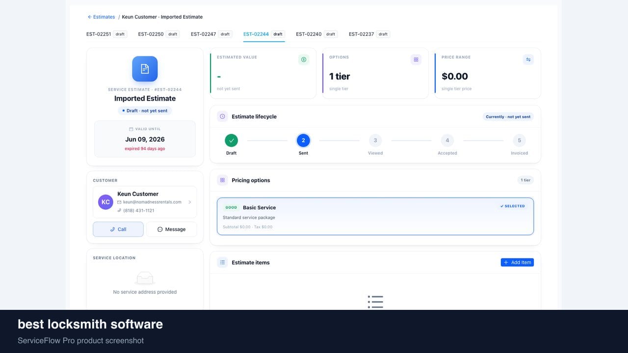 best locksmith software in ServiceFlow Pro — an ops manager reviewing job analytics for Locksmith Services