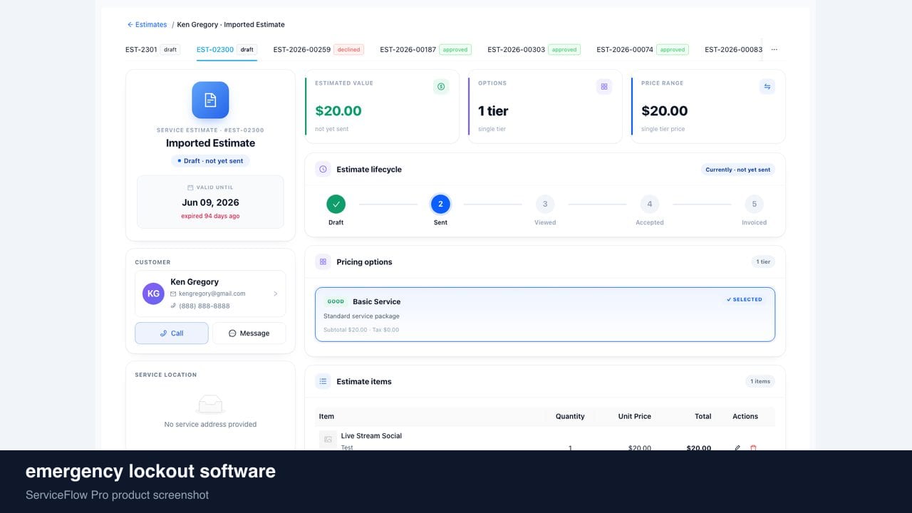 emergency lockout software in ServiceFlow Pro — a technician walking from a service van to a house for Locksmith Services