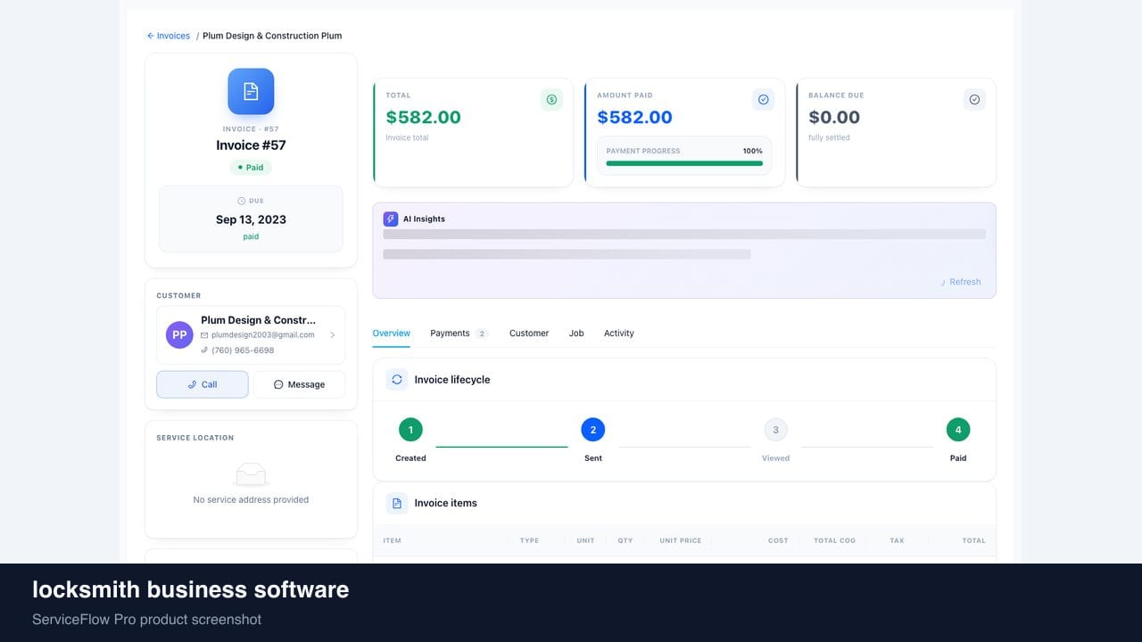 locksmith business software in ServiceFlow Pro — an ops manager reviewing job analytics for Locksmith Services