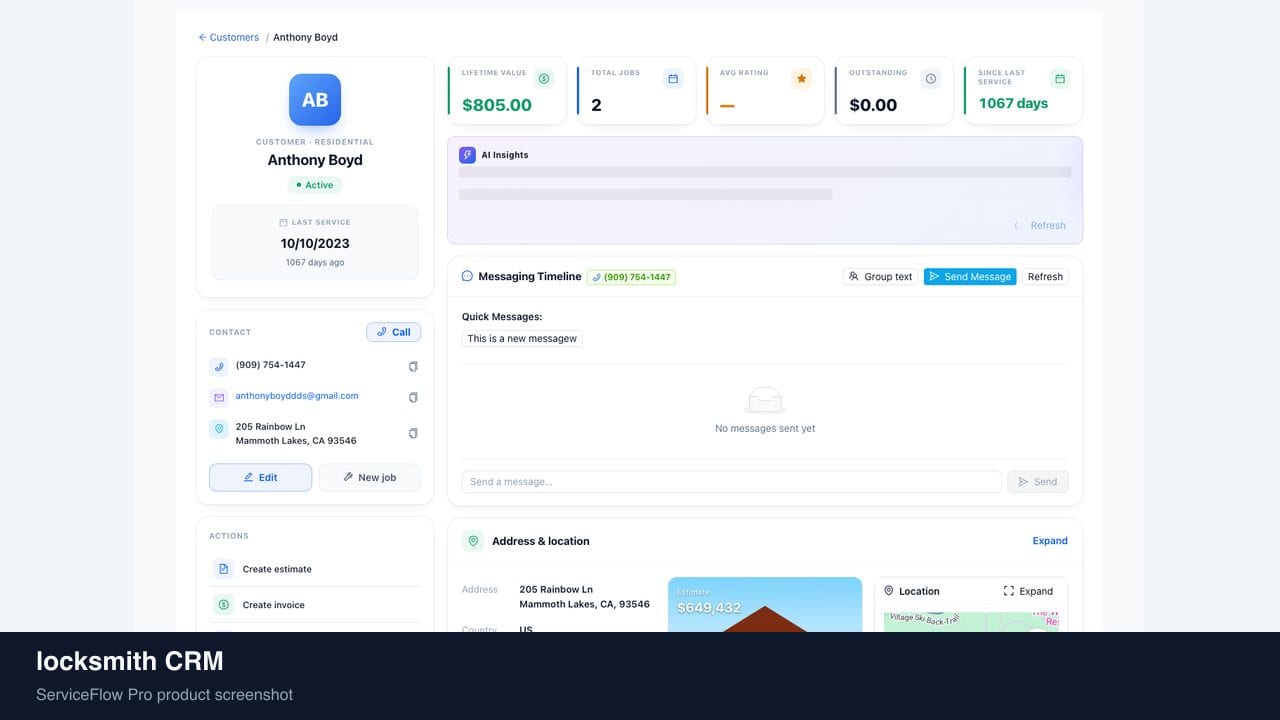 locksmith CRM in ServiceFlow Pro — a homeowner checking job status on a laptop for Locksmith Services