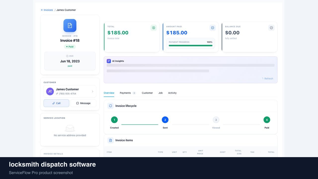 locksmith dispatch software in ServiceFlow Pro — a dispatcher at a live job board for Locksmith Services