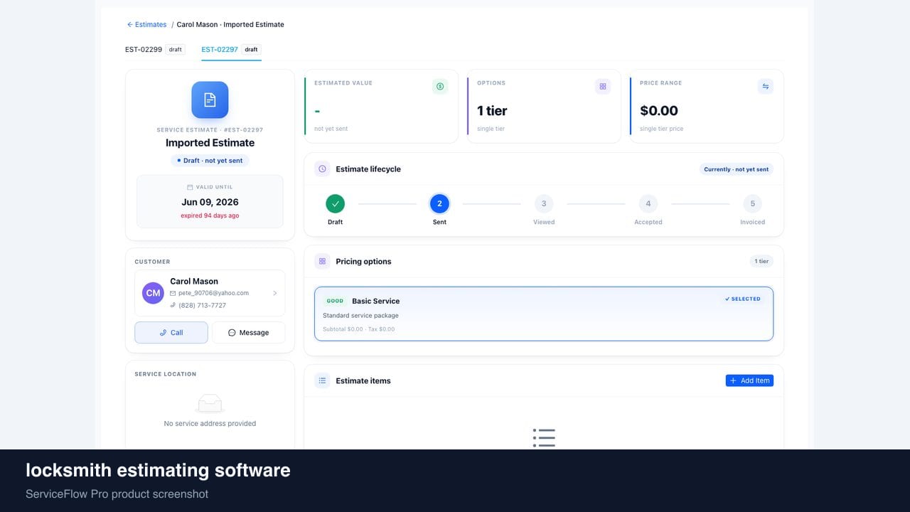 locksmith estimating software in ServiceFlow Pro — a technician reviewing an on-site estimate with a homeowner for Locksmith Services