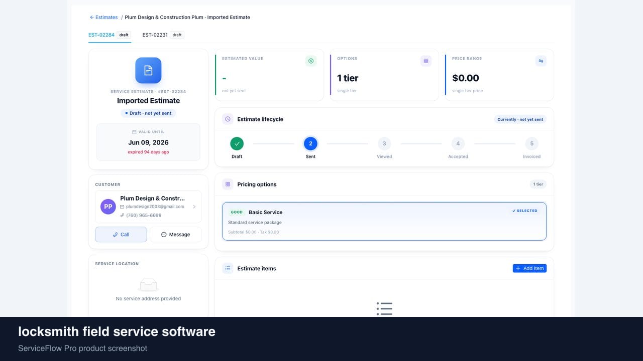locksmith field service software in ServiceFlow Pro — an ops manager reviewing job analytics for Locksmith Services