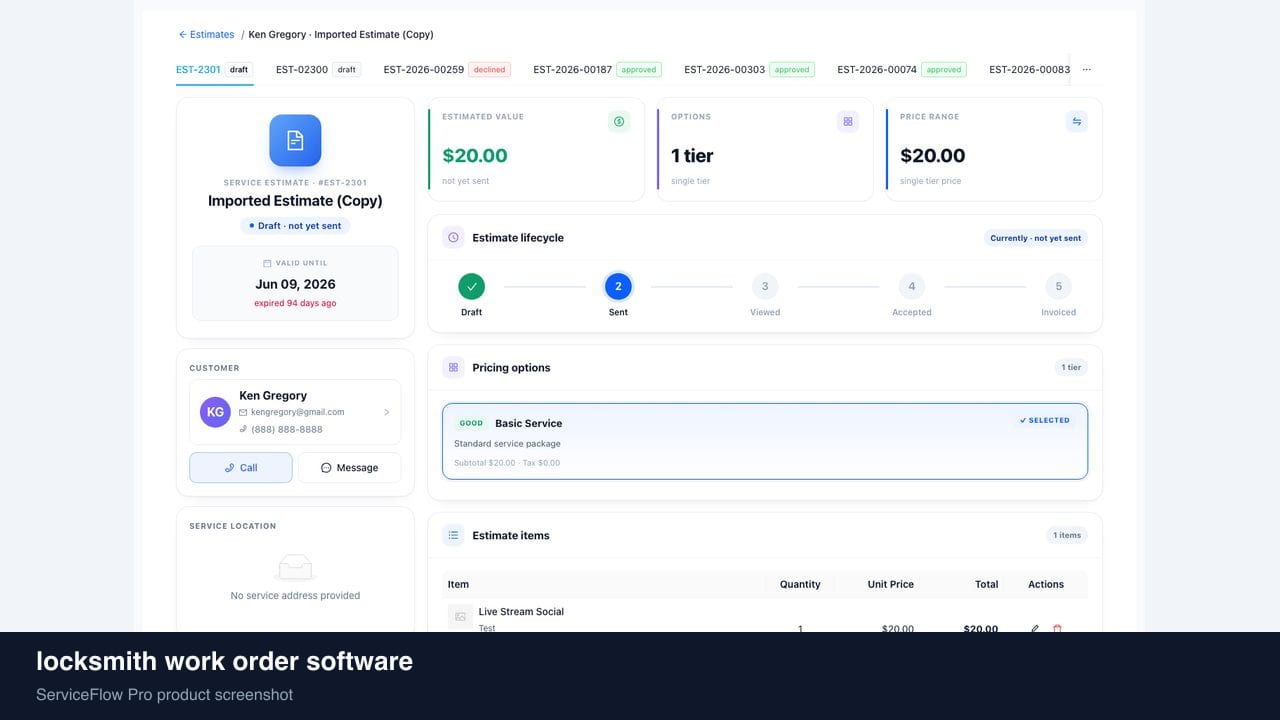 locksmith work order software in ServiceFlow Pro — an ops manager reviewing job analytics for Locksmith Services