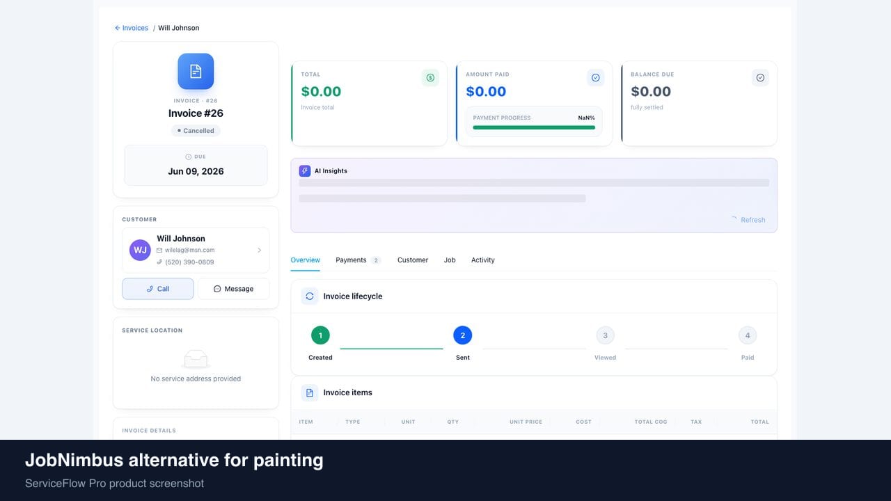 JobNimbus alternative for painting in ServiceFlow Pro — owners comparing field service software options for Painting Services