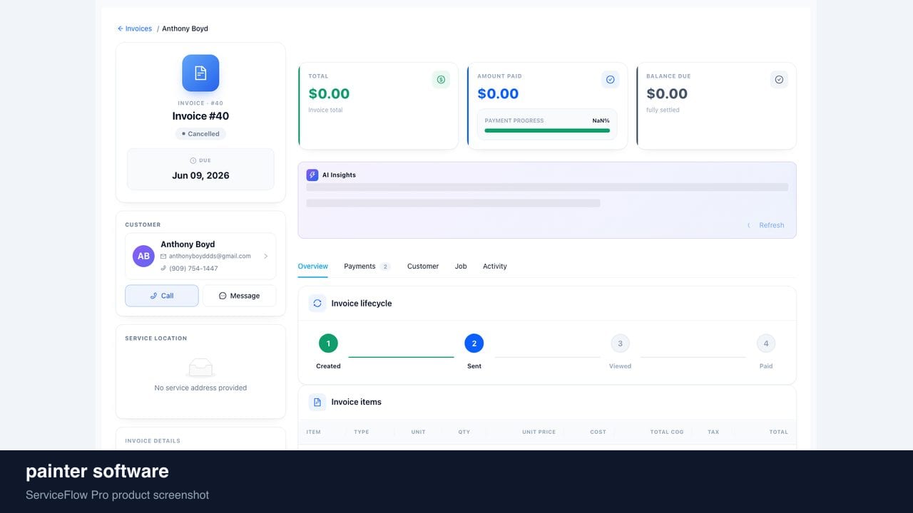 painter software in ServiceFlow Pro — a dispatcher at a live job board for Painting Services