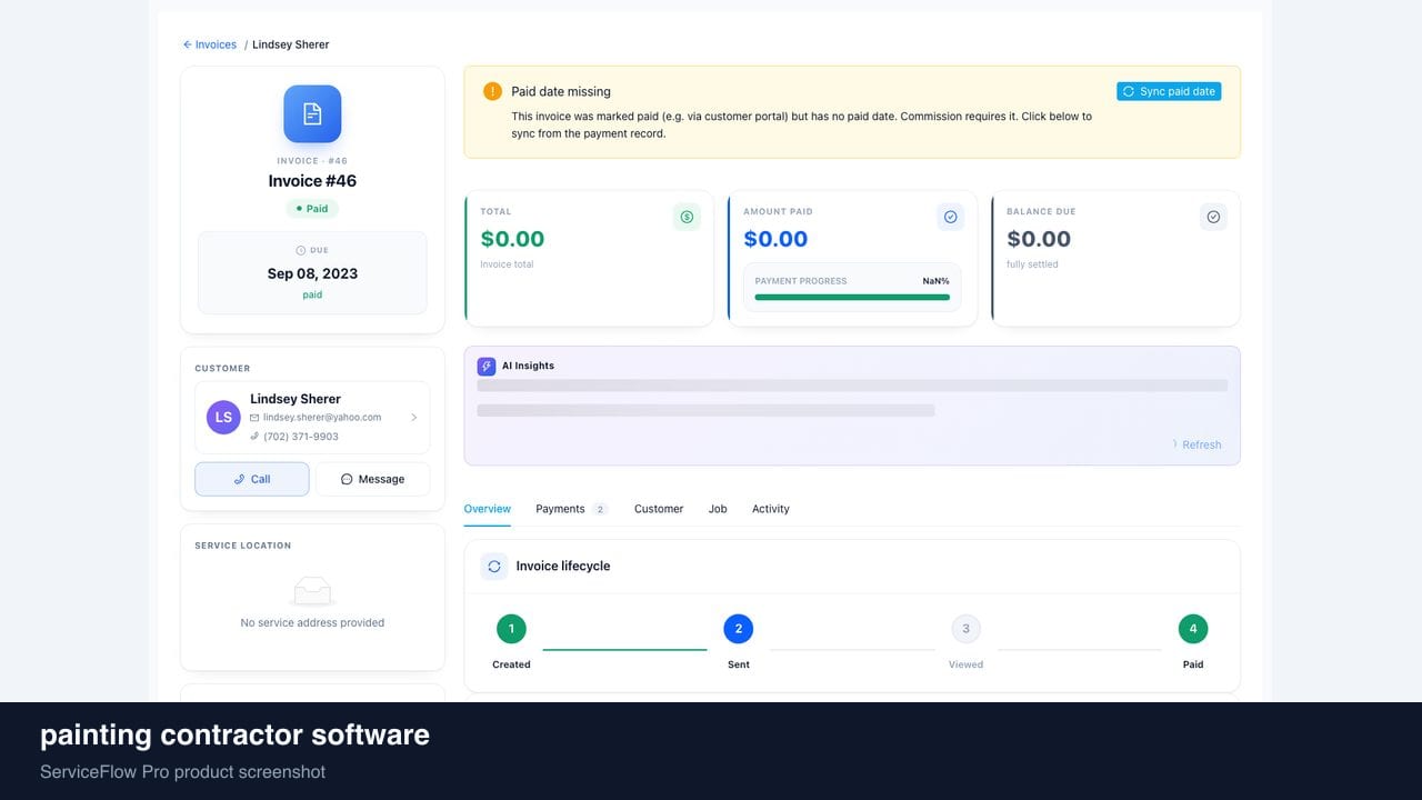 painting contractor software in ServiceFlow Pro — a dispatcher at a live job board for Painting Services