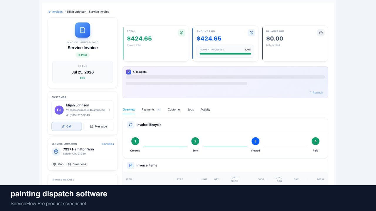 painting dispatch software in ServiceFlow Pro — a dispatcher at a live job board for Painting Services