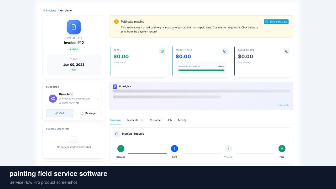 painting field service software in ServiceFlow Pro — an ops manager reviewing job analytics for Painting Services