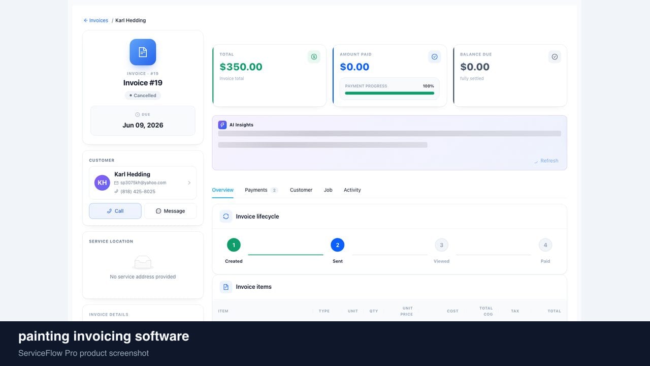 painting invoicing software in ServiceFlow Pro — collecting payment on a tablet at the door for Painting Services