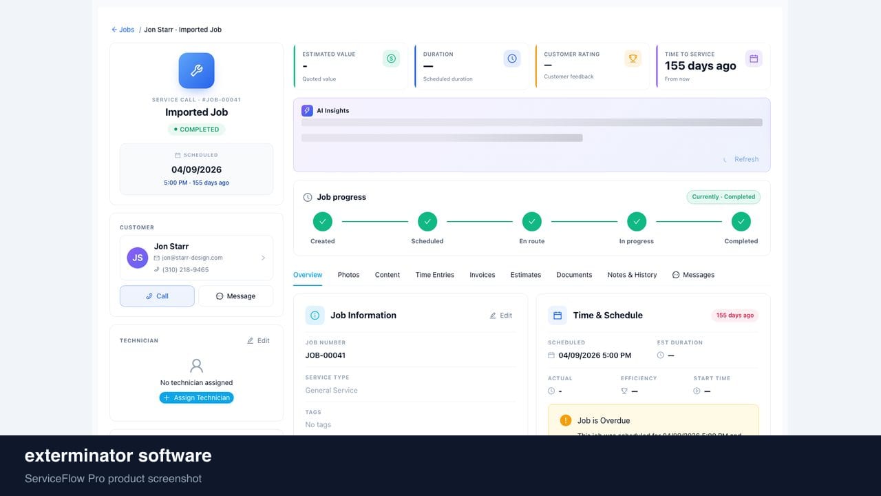 exterminator software in ServiceFlow Pro — a dispatcher at a live job board for Pest Control Services