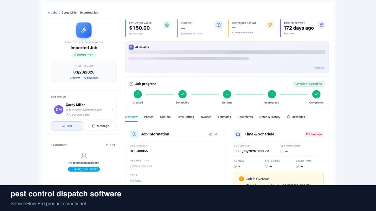 pest control dispatch software in ServiceFlow Pro — a dispatcher at a live job board for Pest Control Services