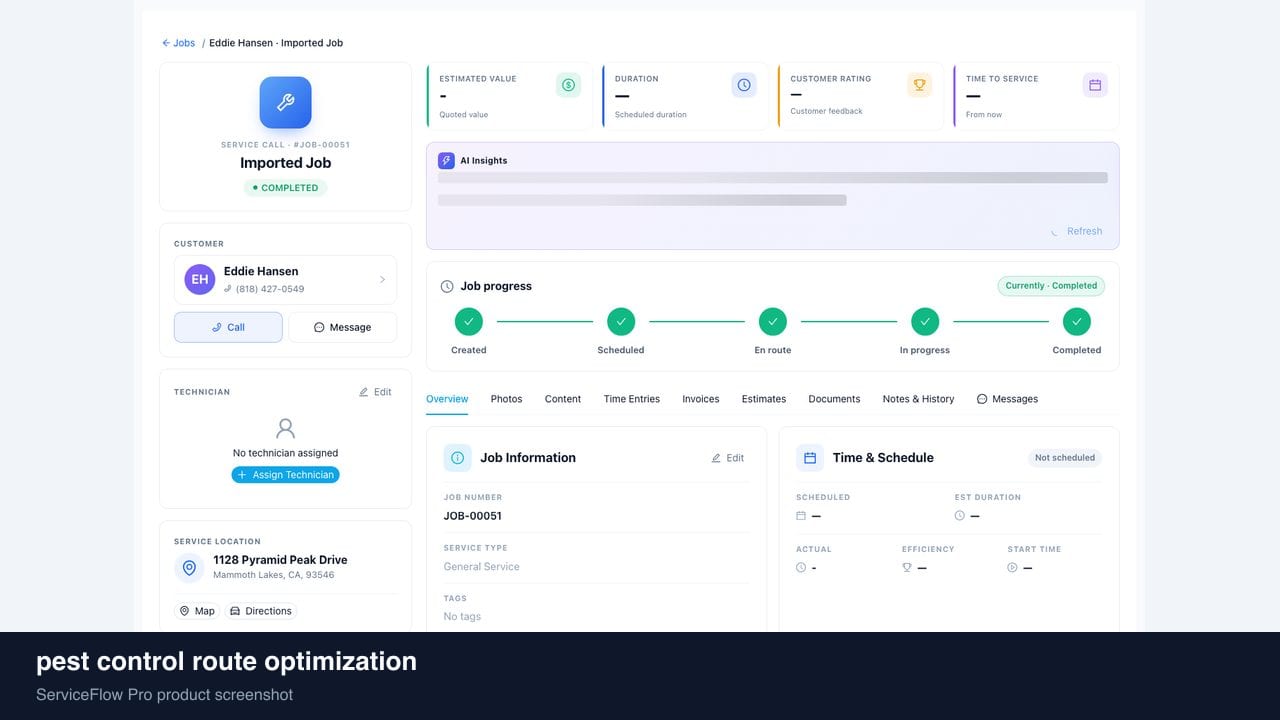 pest control route optimization in ServiceFlow Pro — a dispatcher at a live job board for Pest Control Services