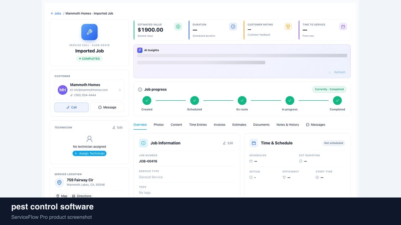 pest control software in ServiceFlow Pro — a dispatcher at a live job board for Pest Control Services
