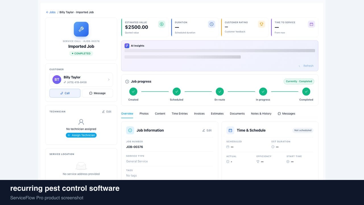 recurring pest control software in ServiceFlow Pro — a weekly route calendar on a van dashboard for Pest Control Services