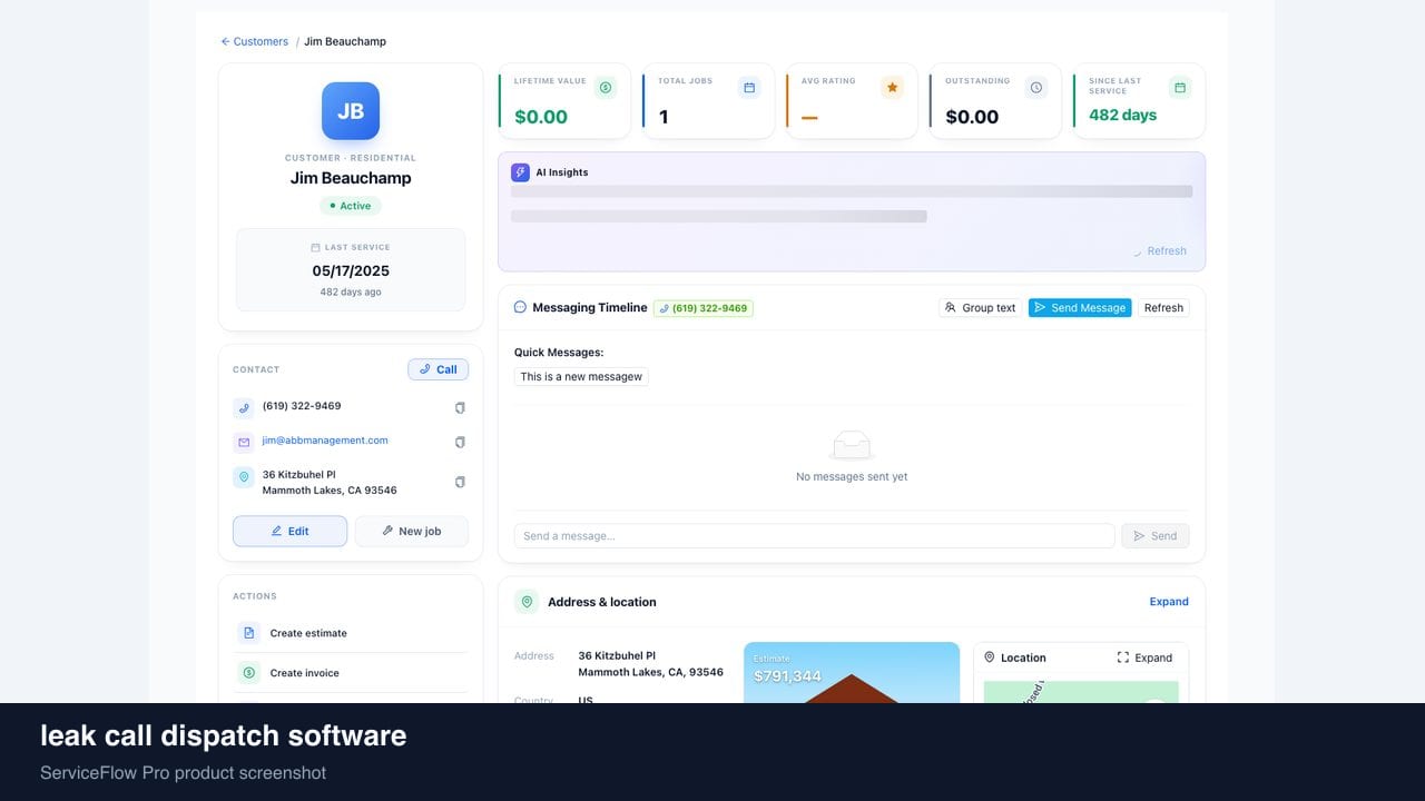 leak call dispatch software in ServiceFlow Pro — a dispatcher at a live job board for Plumbing Dispatch