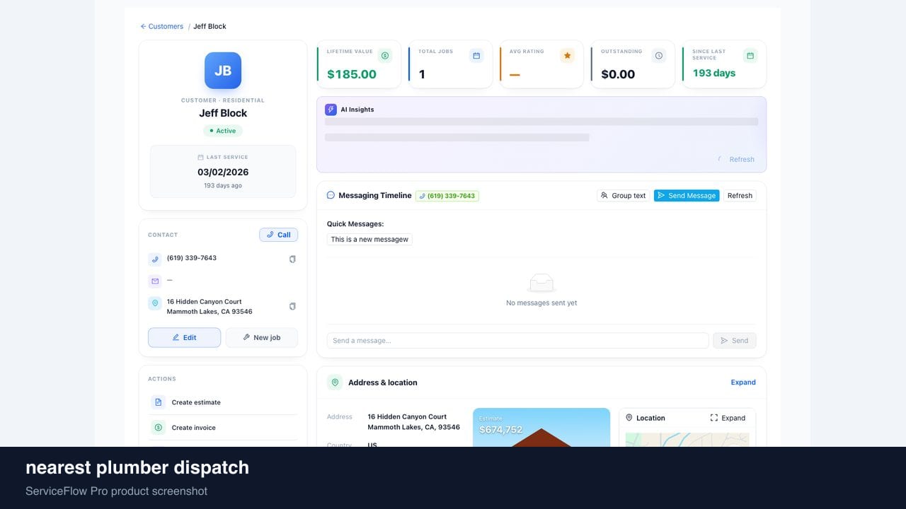 nearest plumber dispatch in ServiceFlow Pro — a technician walking from a service van to a house for Plumbing Dispatch