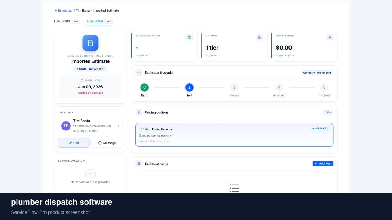 plumber dispatch software in ServiceFlow Pro — a dispatcher at a live job board for Plumbing Dispatch