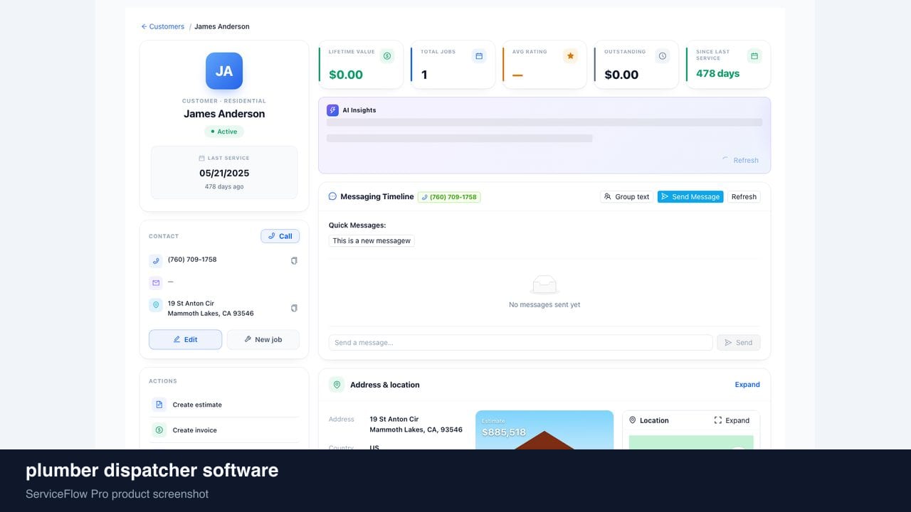 plumber dispatcher software in ServiceFlow Pro — a dispatcher at a live job board for Plumbing Dispatch