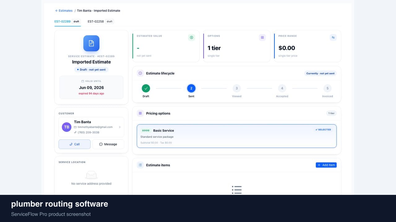 plumber routing software in ServiceFlow Pro — a dispatcher at a live job board for Plumbing Dispatch