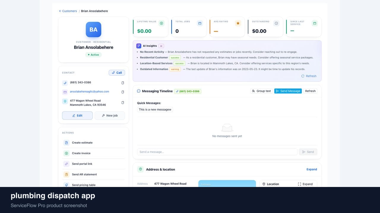 plumbing dispatch app in ServiceFlow Pro — a technician reviewing jobs on a phone in the van for Plumbing Dispatch