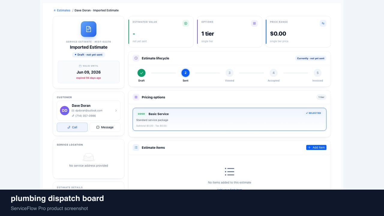 plumbing dispatch board in ServiceFlow Pro — a dispatcher at a live job board for Plumbing Dispatch