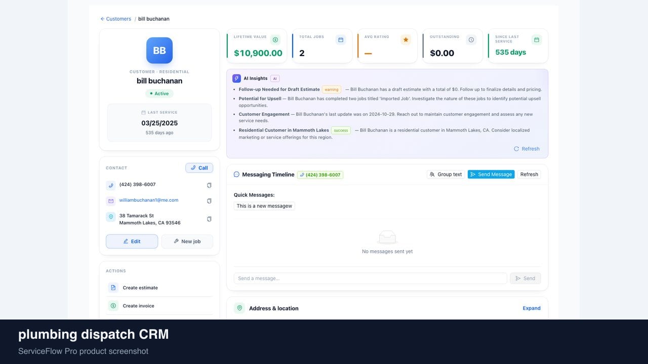 plumbing dispatch CRM in ServiceFlow Pro — a homeowner checking job status on a laptop for Plumbing Dispatch
