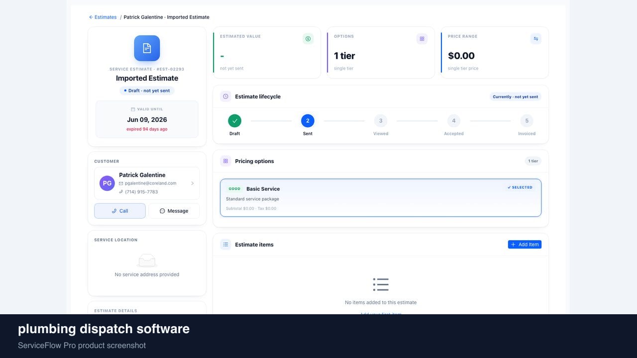 plumbing dispatch software in ServiceFlow Pro — a dispatcher at a live job board for Plumbing Dispatch