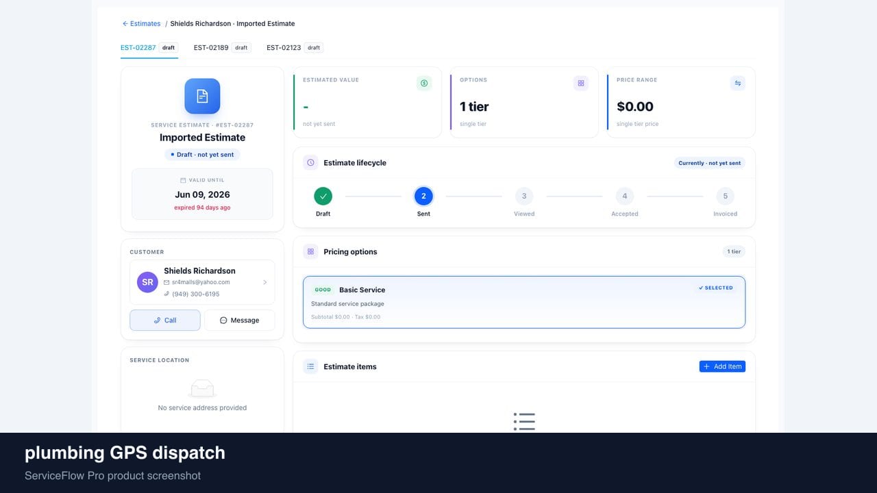 plumbing GPS dispatch in ServiceFlow Pro — a dispatcher at a live job board for Plumbing Dispatch