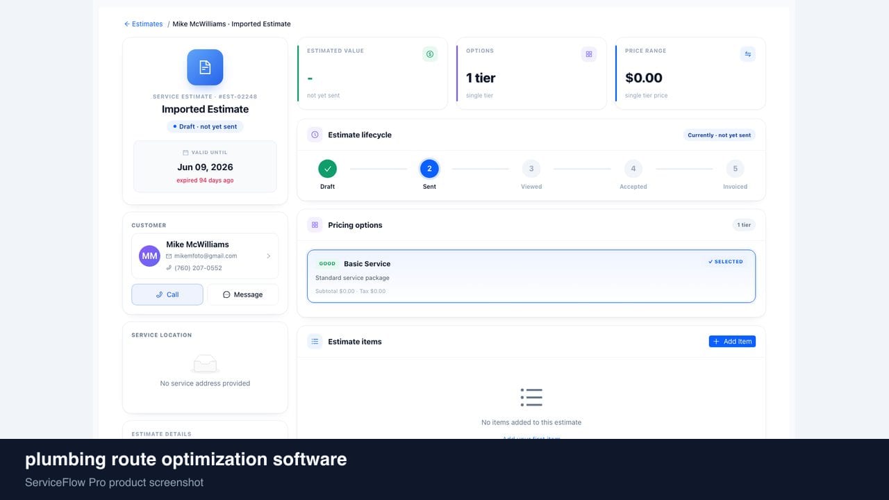 plumbing route optimization software in ServiceFlow Pro — a dispatcher at a live job board for Plumbing Dispatch