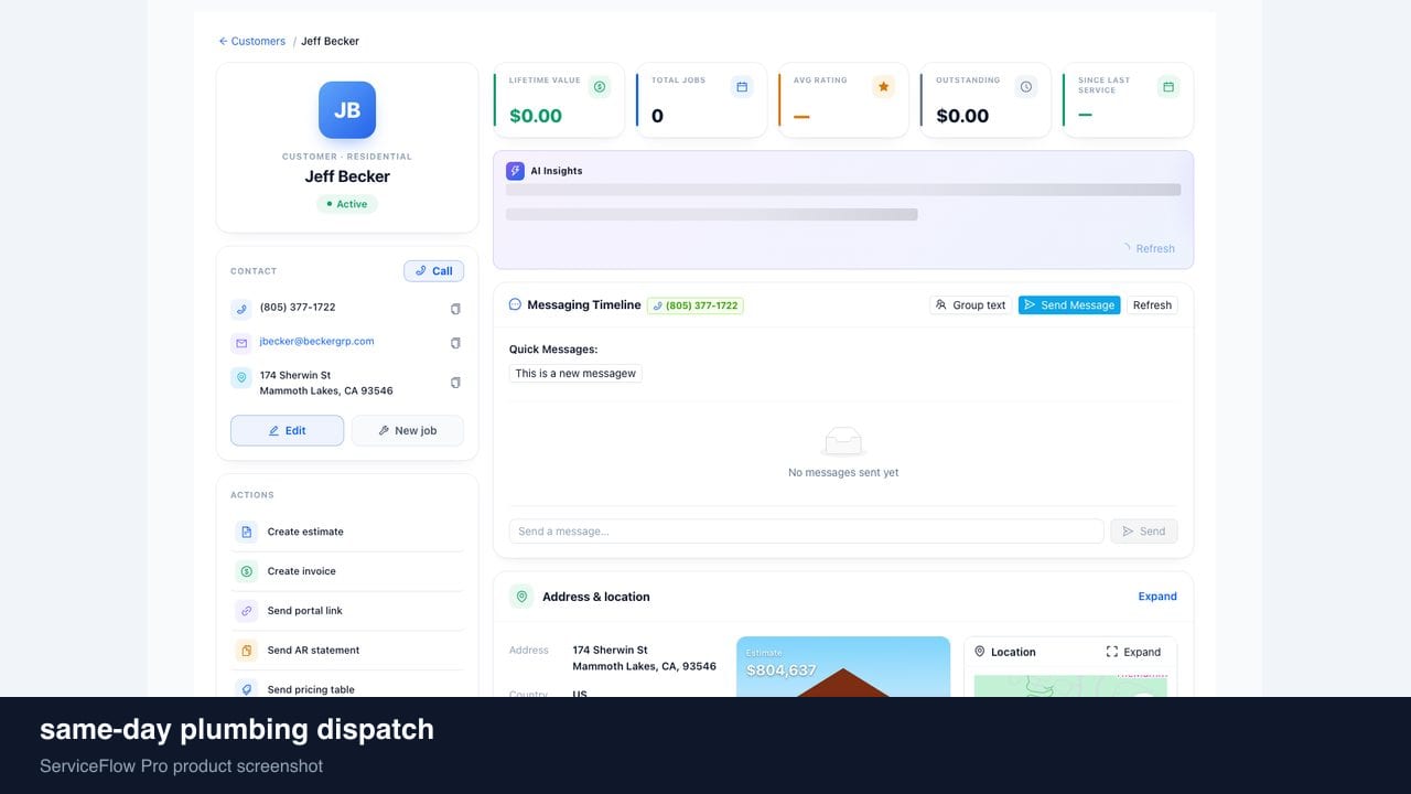 same-day plumbing dispatch in ServiceFlow Pro — a dispatcher at a live job board for Plumbing Dispatch