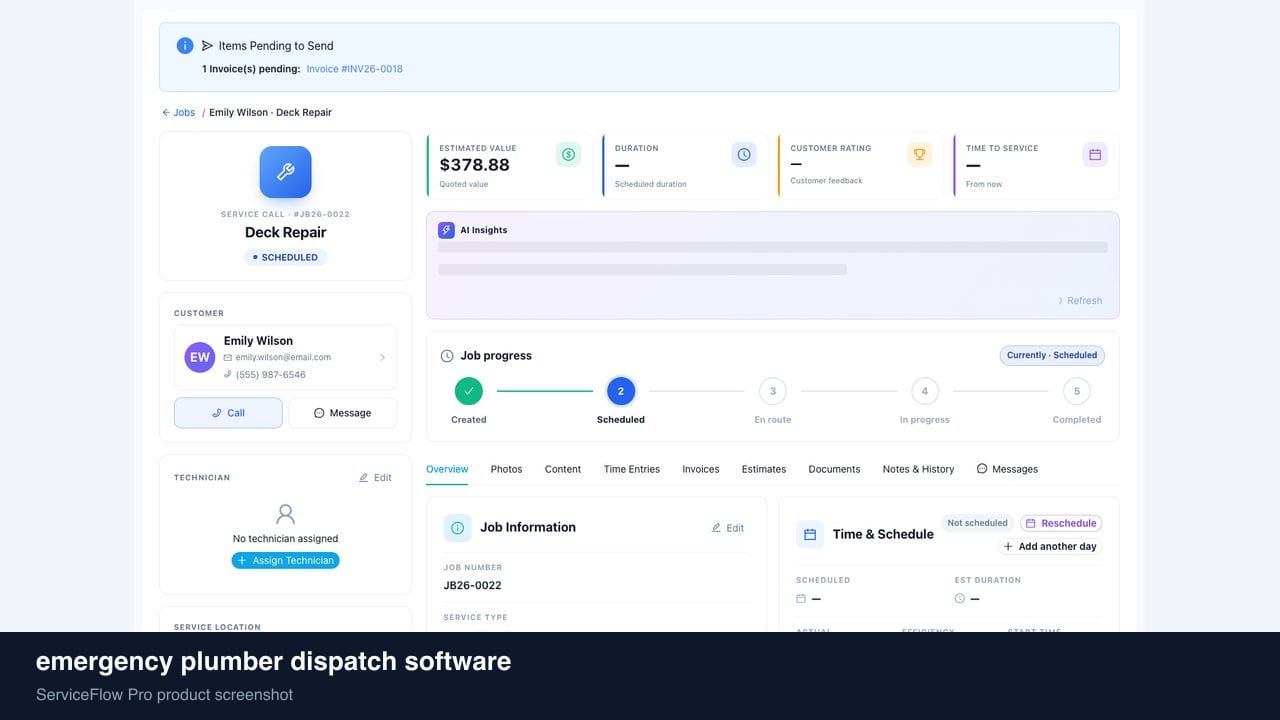 emergency plumber dispatch software in ServiceFlow Pro — a technician walking from a service van to a house for Plumbing Services