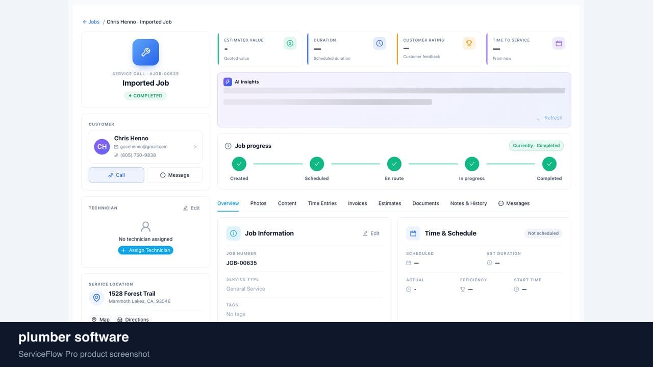 plumber software in ServiceFlow Pro — a dispatcher at a live job board for Plumbing Services