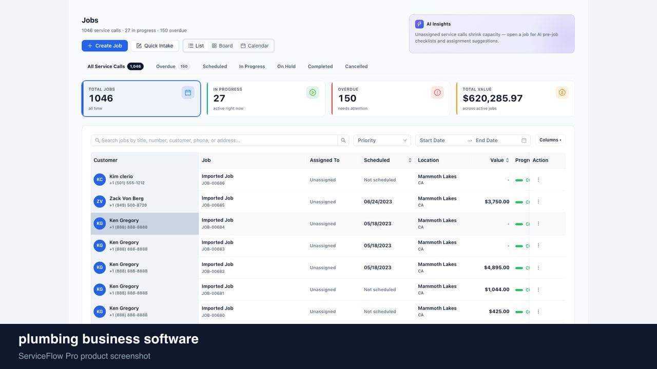 plumbing business software in ServiceFlow Pro — an ops manager reviewing job analytics for Plumbing Services