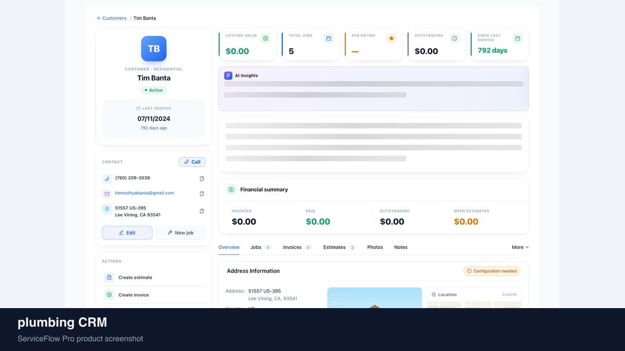 plumbing CRM in ServiceFlow Pro — a homeowner checking job status on a laptop for Plumbing Services
