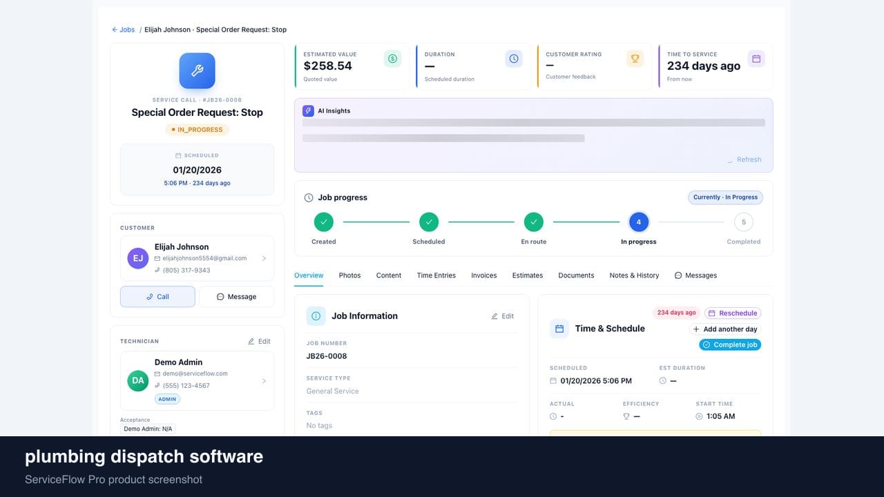 plumbing dispatch software in ServiceFlow Pro — a dispatcher at a live job board for Plumbing Services