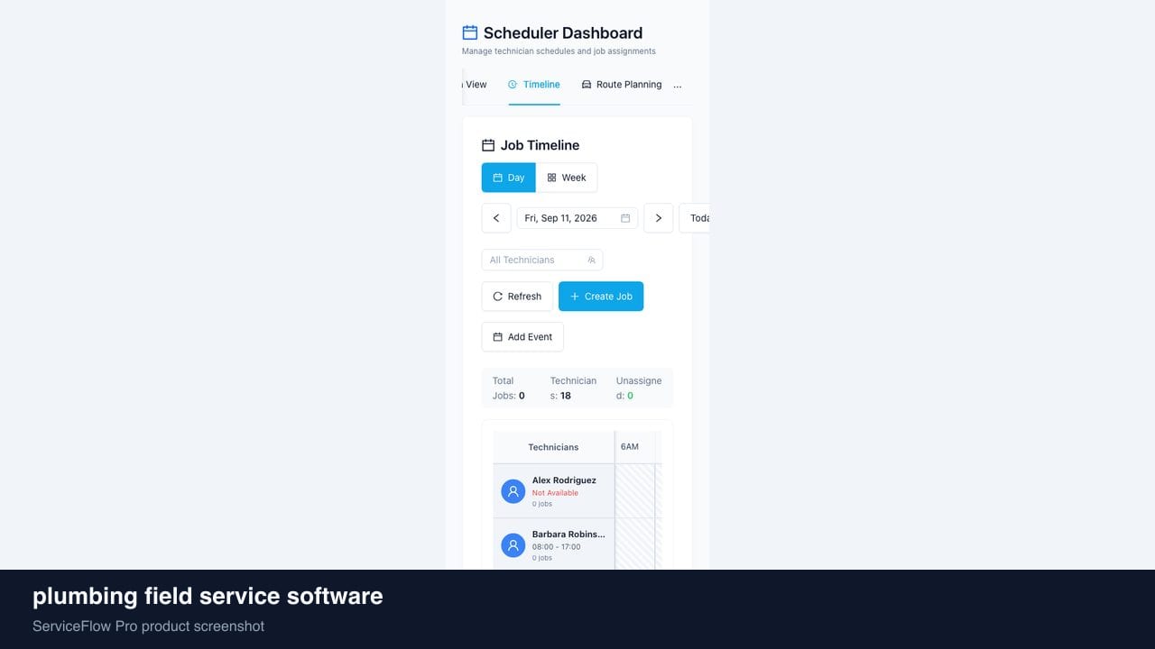 plumbing field service software in ServiceFlow Pro — an ops manager reviewing job analytics for Plumbing Services