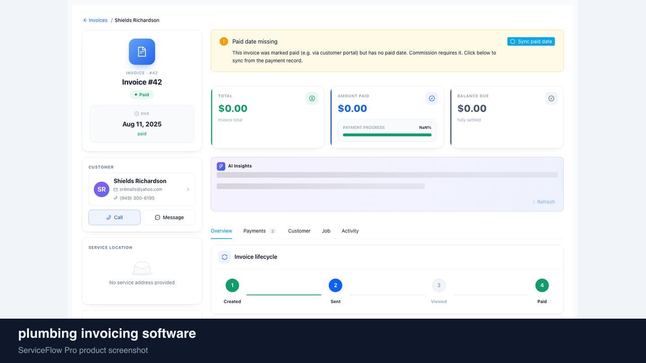 plumbing invoicing software in ServiceFlow Pro — collecting payment on a tablet at the door for Plumbing Services