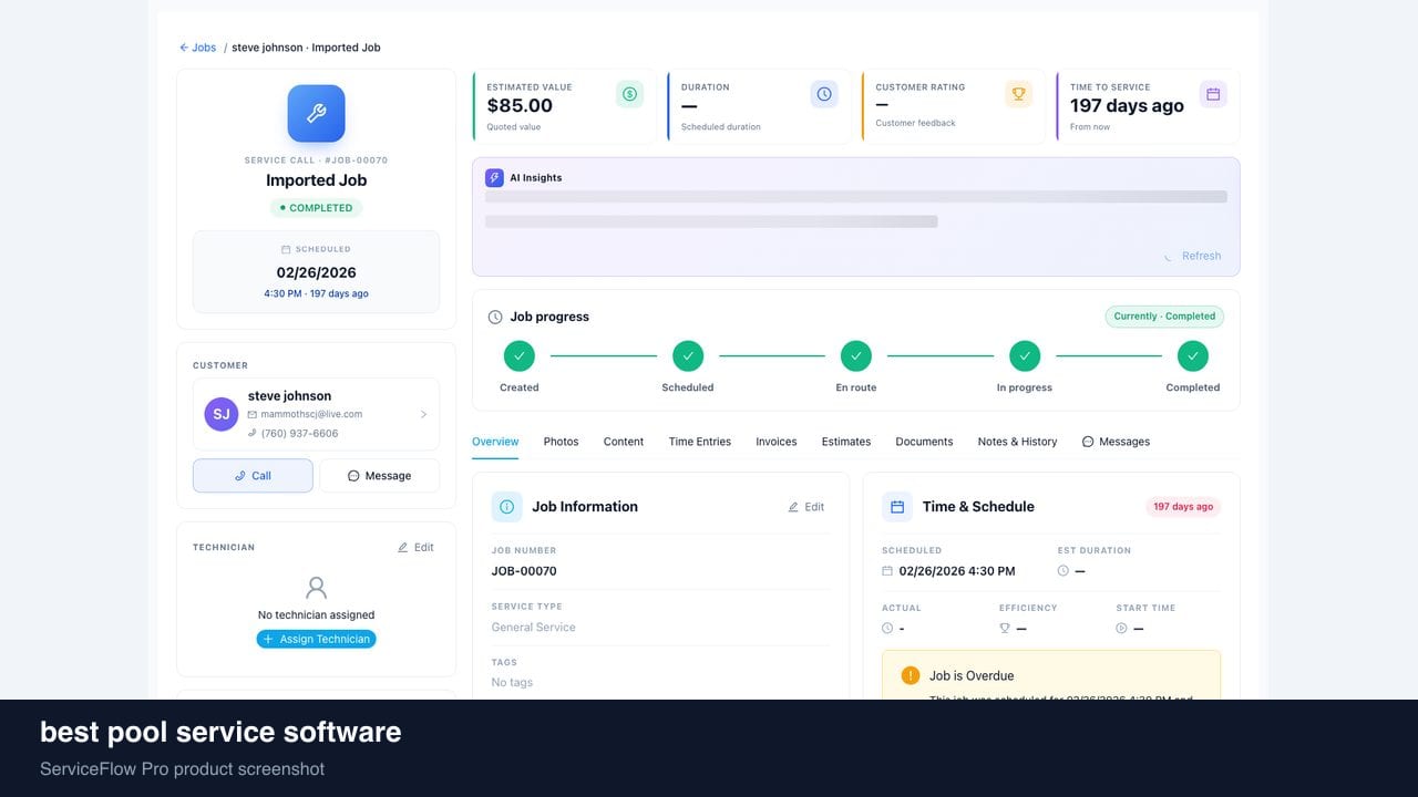 best pool service software in ServiceFlow Pro — an ops manager reviewing job analytics for Pool Service