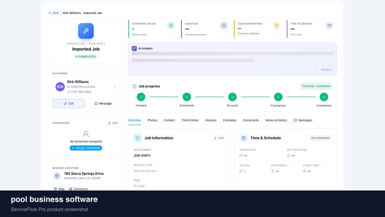 pool business software in ServiceFlow Pro — an ops manager reviewing job analytics for Pool Service