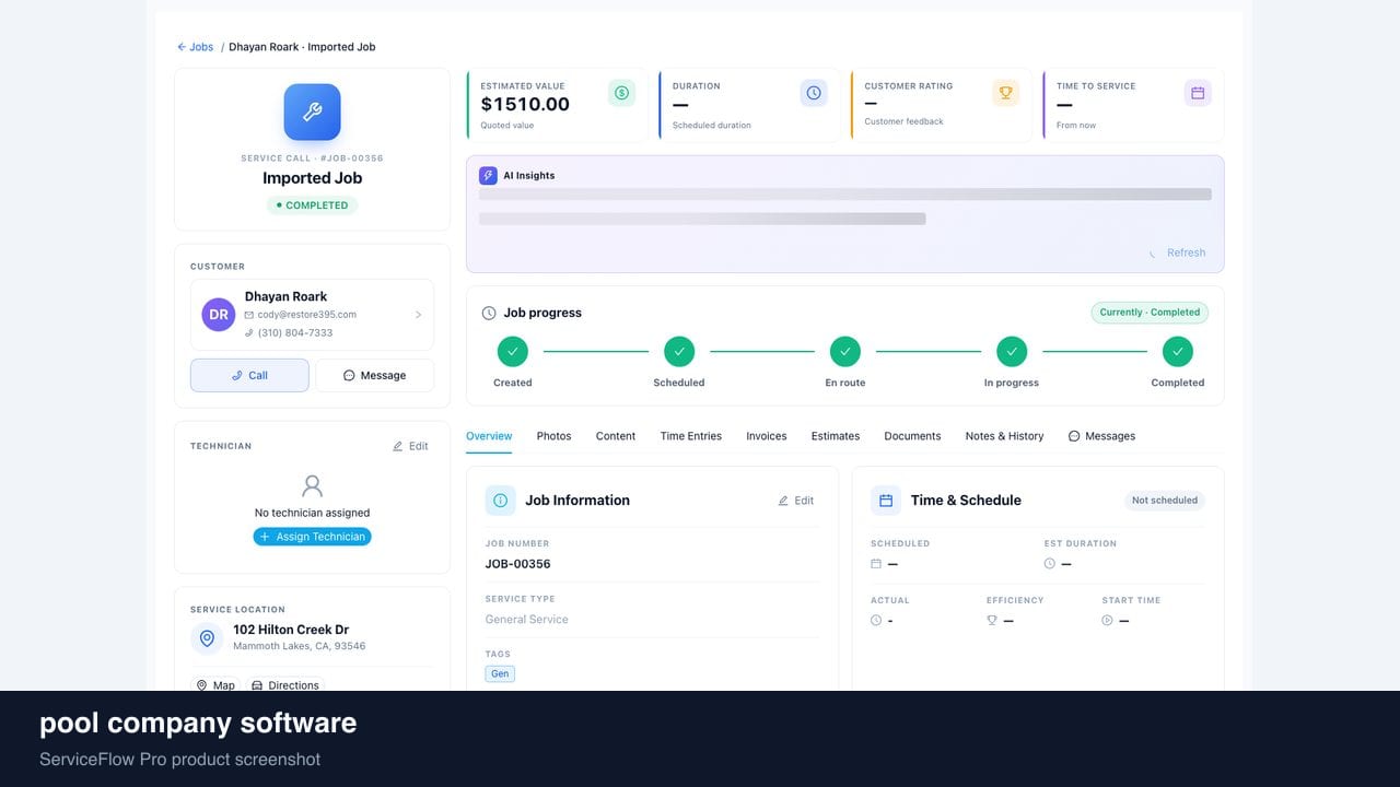 pool company software in ServiceFlow Pro — a dispatcher at a live job board for Pool Service