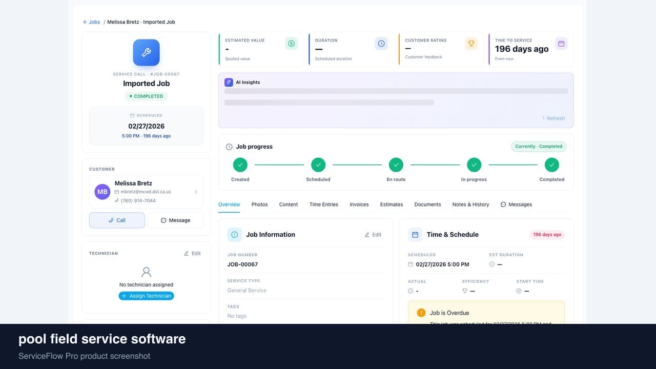 pool field service software in ServiceFlow Pro — an ops manager reviewing job analytics for Pool Service