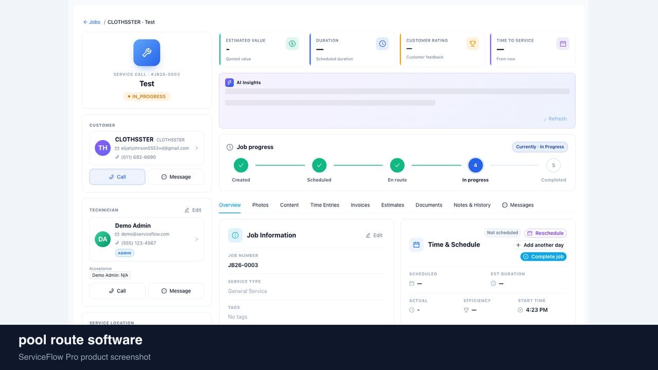 pool route software in ServiceFlow Pro — a dispatcher at a live job board for Pool Service