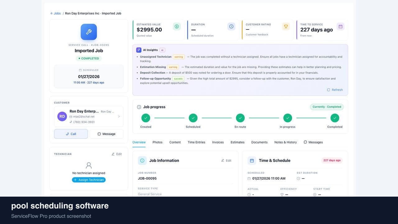 pool scheduling software in ServiceFlow Pro — a dispatcher at a live job board for Pool Service