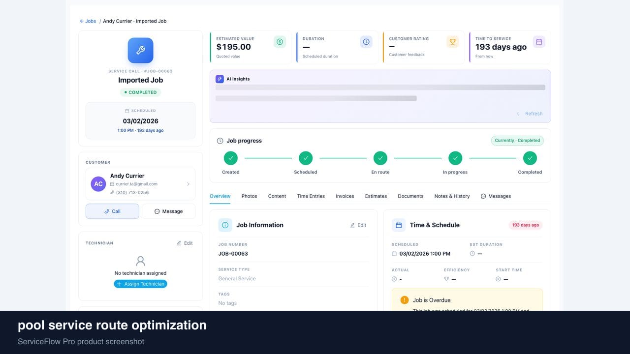 pool service route optimization in ServiceFlow Pro — a dispatcher at a live job board for Pool Service